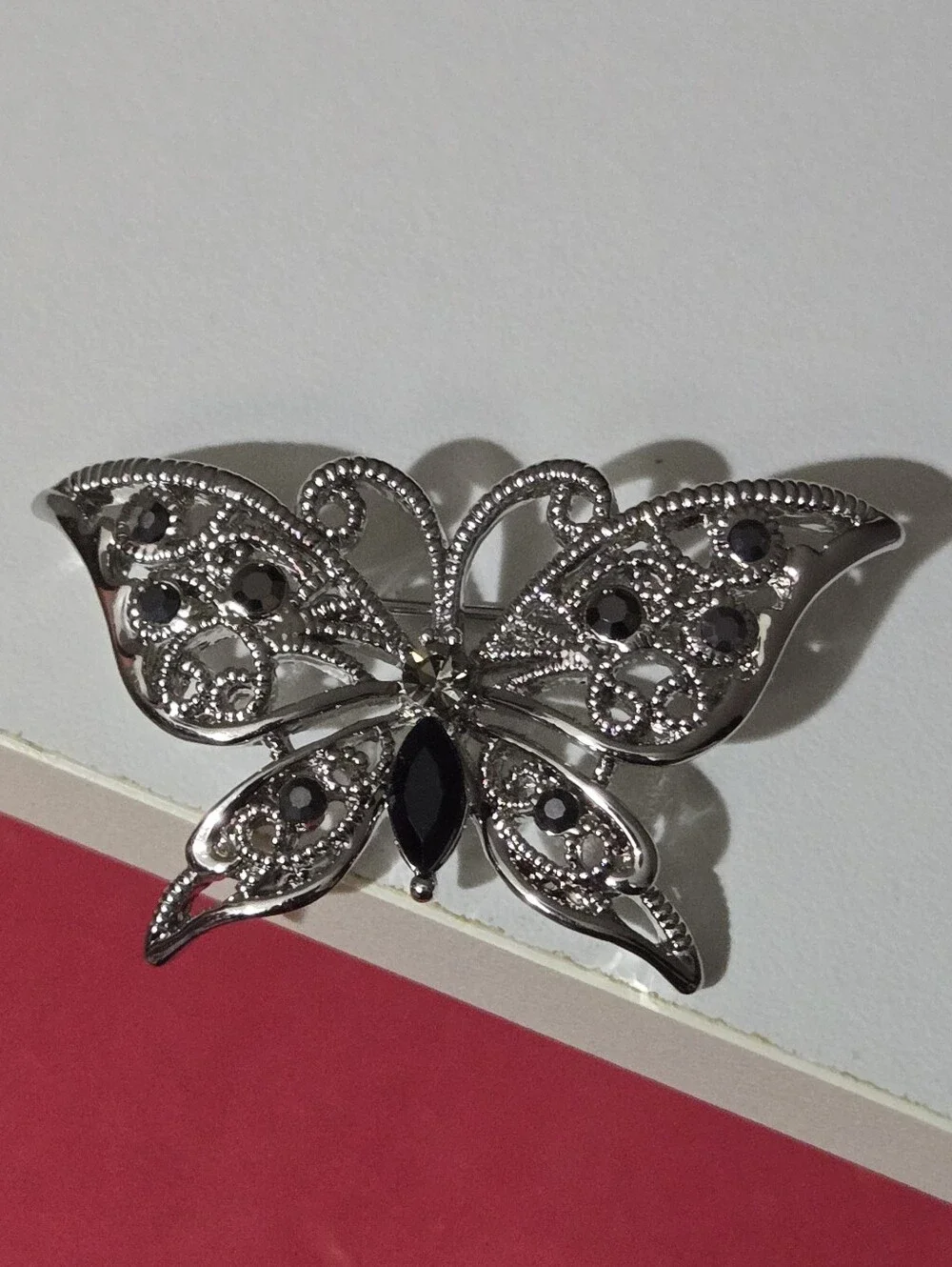 Vintage Silver Tone Butterfly Brooch with Black Stones